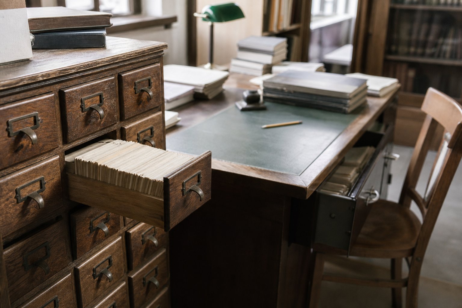 A quiet reference desk beside a wooden card catalogue with one drawer half open