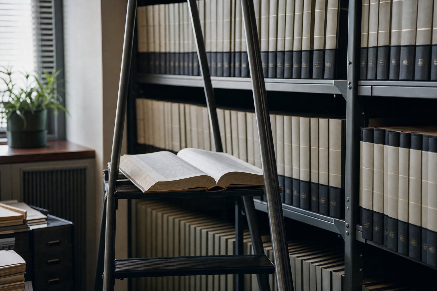 A corporate records room with bound annual reports on steel shelving and one volume open on a step