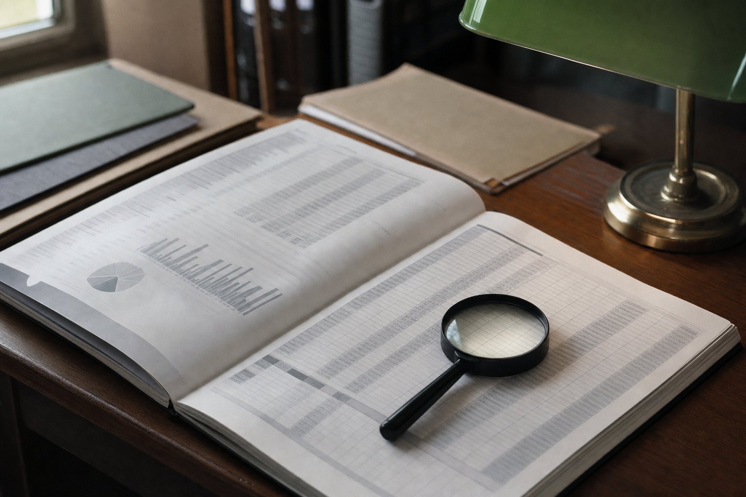 A survey report open flat beside a magnifying glass resting on a page of dense ruled tables