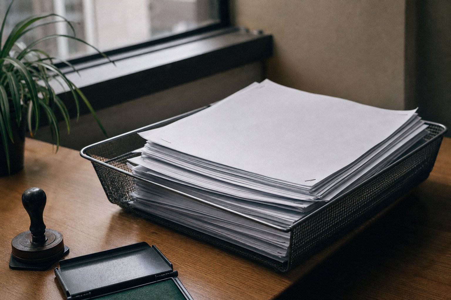 A stack of stapled two-page filings in a metal document tray with a rubber stamp beside it