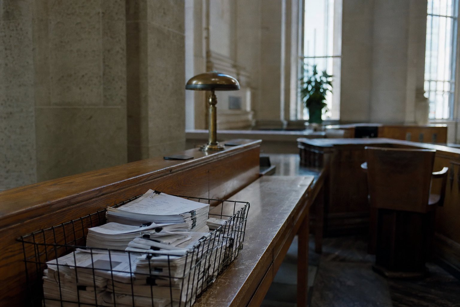 A public records counter in a stone corridor with a wire basket of stapled filings and a brass lamp