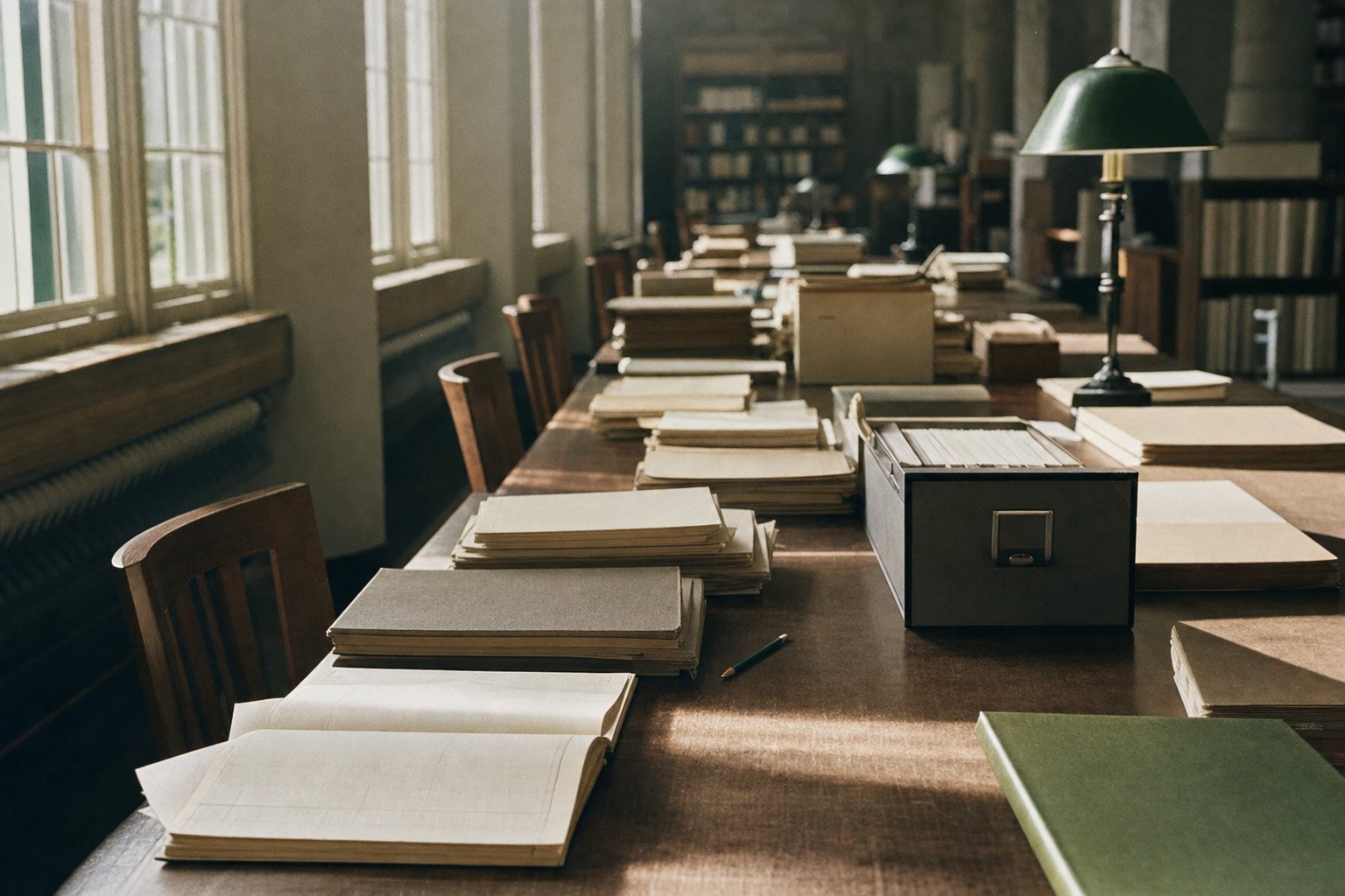 A long reading-room table stacked with bound ledgers, manila folders and a card index, lit by tall windows