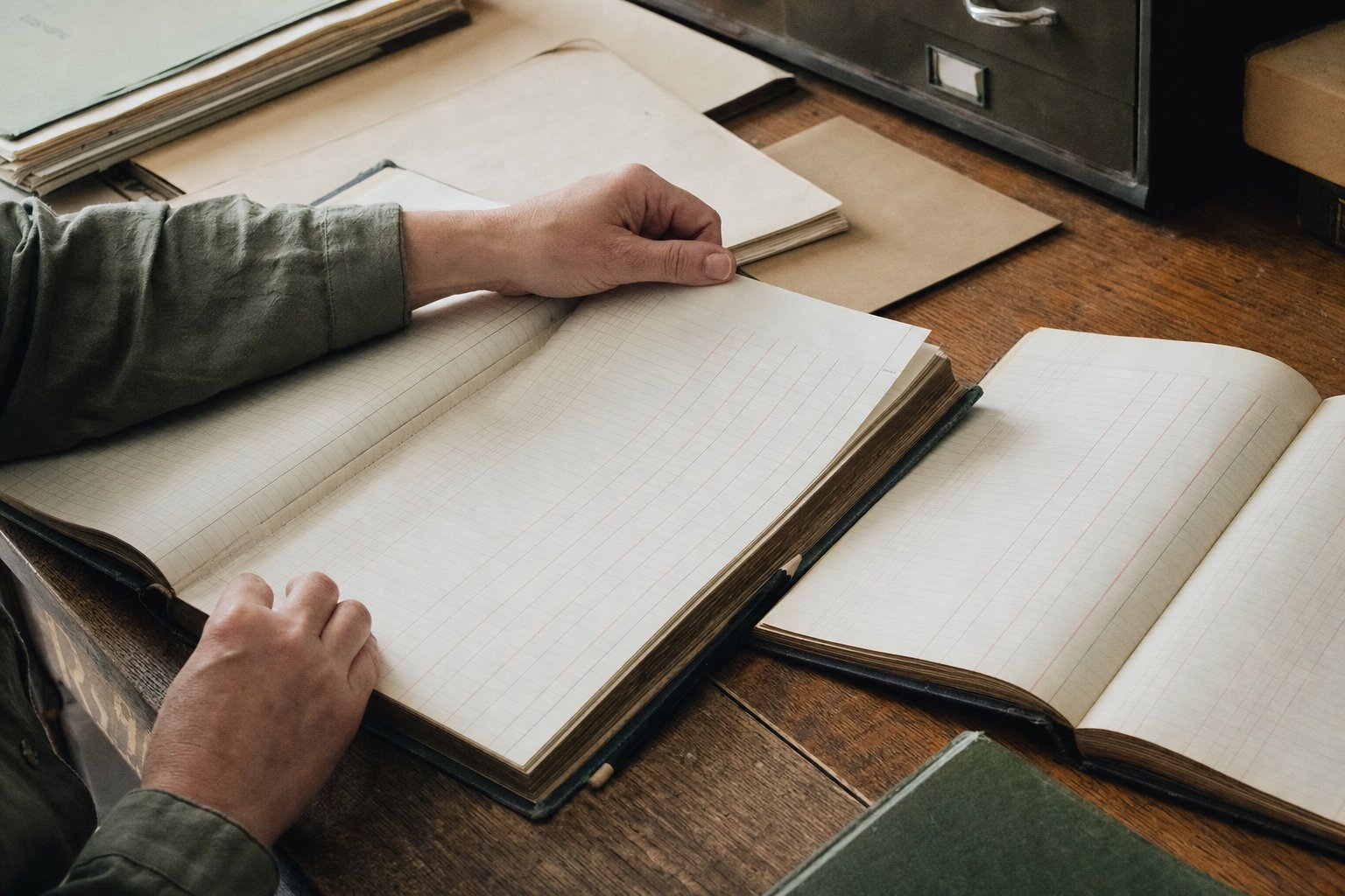 Two hands turning the page of a large ruled ledger, a second open volume and a pencil beside it