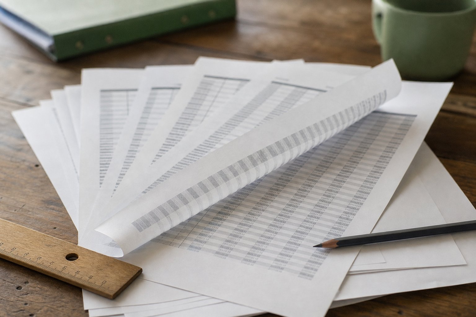 Printed statistical tables fanned across a desk with a wooden ruler and a sharpened pencil