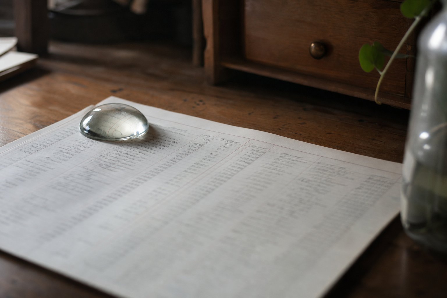 A single ruled ledger page held flat under a glass paperweight, columns of figures out of focus