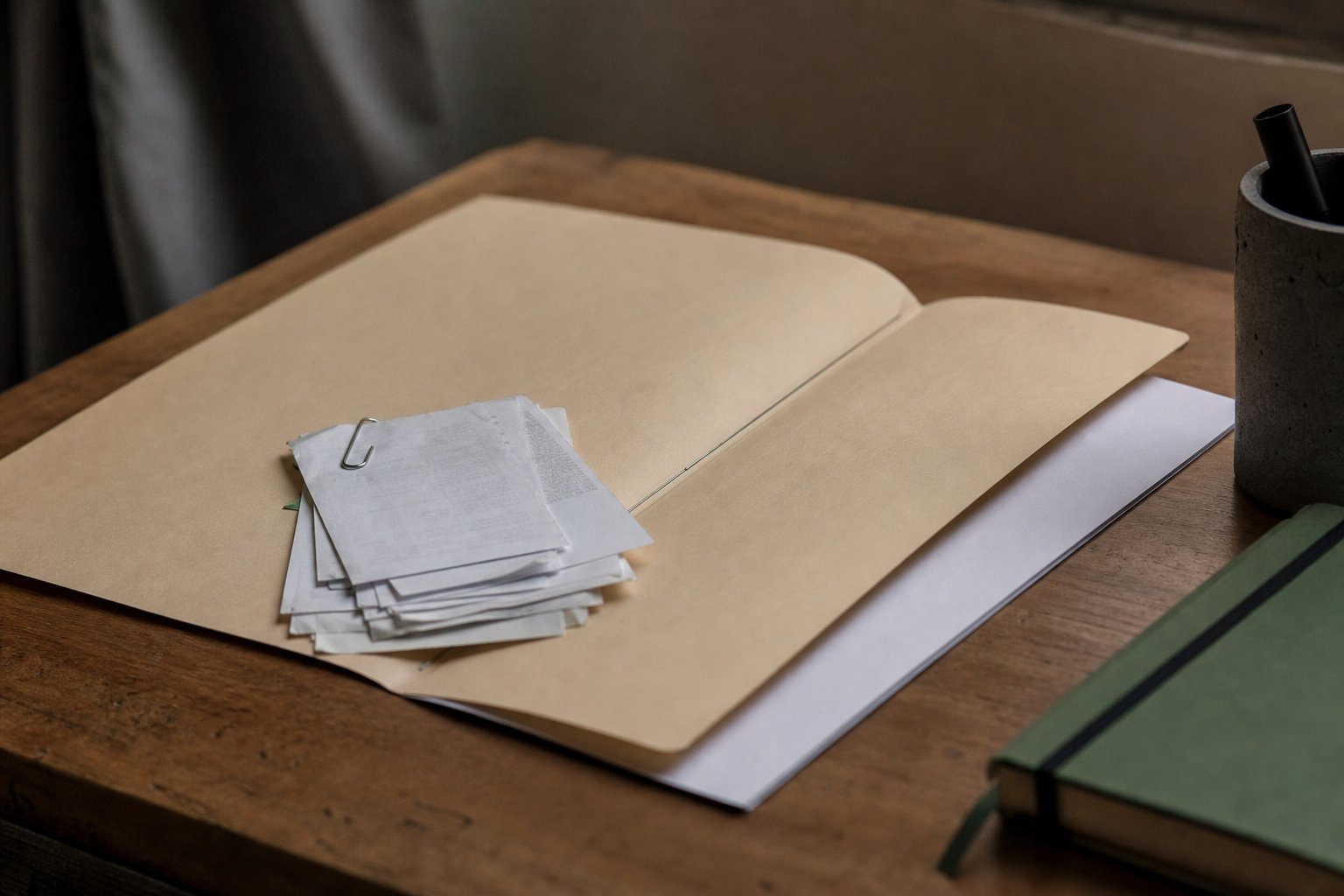 An open manila folder with a small bundle of receipts held by a paperclip