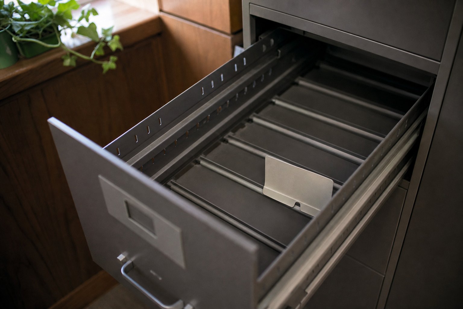 A metal filing cabinet drawer pulled fully open and empty except for one bent divider card