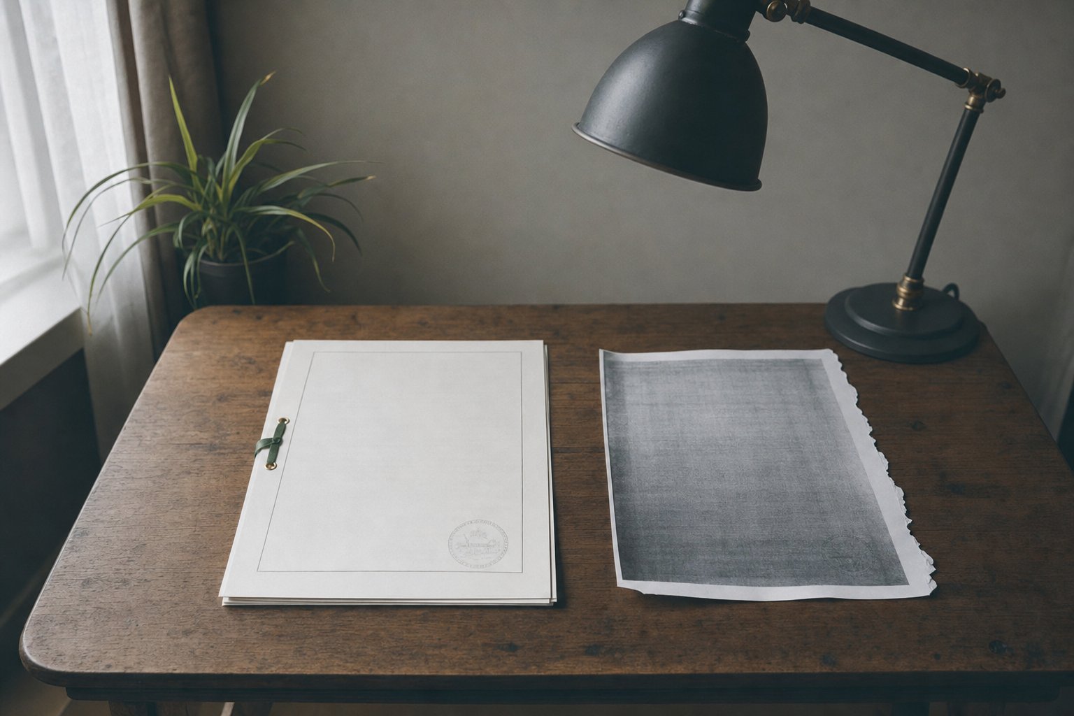 Two documents side by side under one desk lamp: a stamped original and a loose photocopy