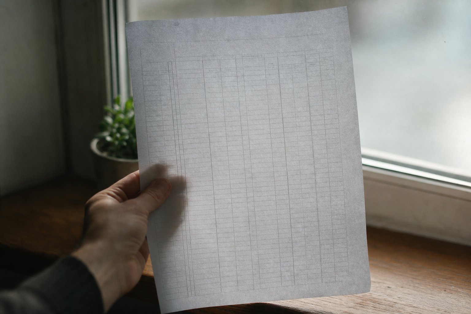 A hand holding a single sheet of ruled paper up against a bright window so the columns show through