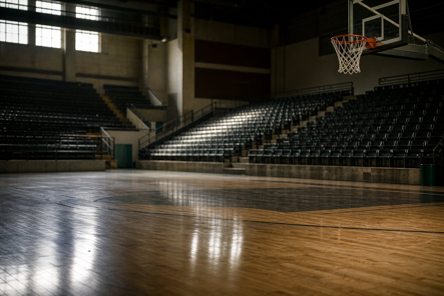 An empty indoor basketball arena in the morning, light across the polished hardwood floor
