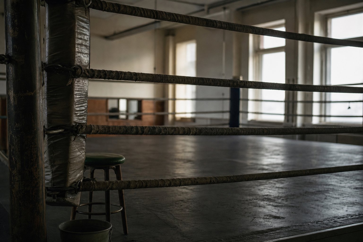 An empty boxing ring after the hall lights were dimmed, scuffed canvas and a corner stool