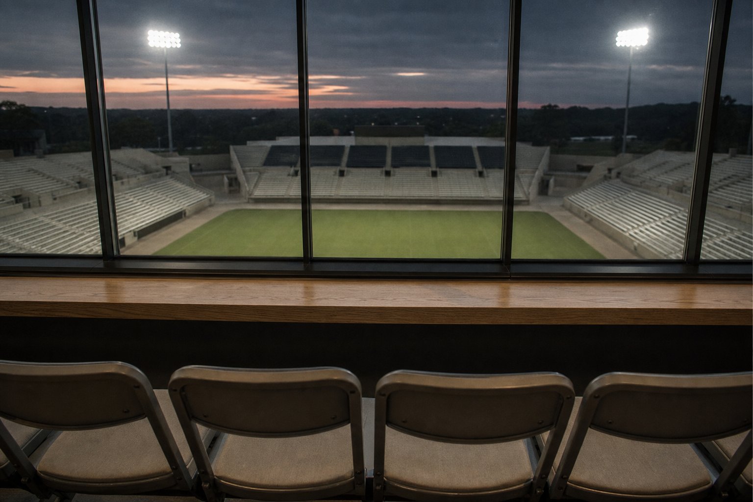 An empty football stadium at dusk seen from the back of the press box, floodlights coming on