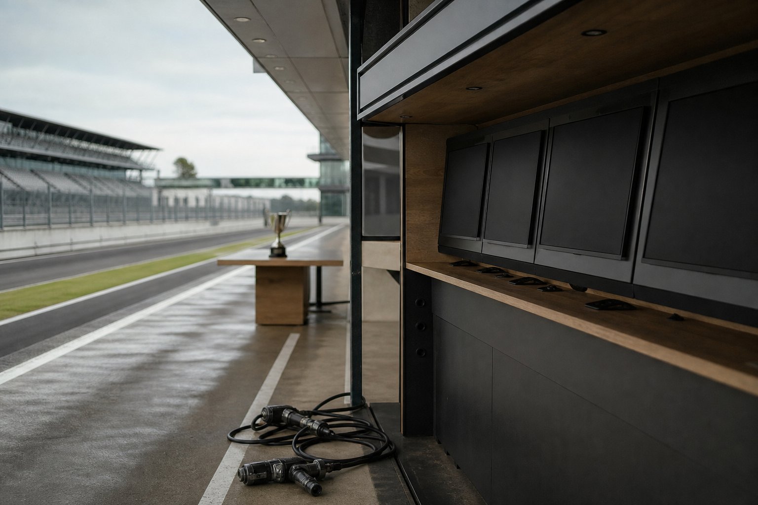 A motorsport pit lane between sessions, timing stand blank and wheel guns coiled on the ground
