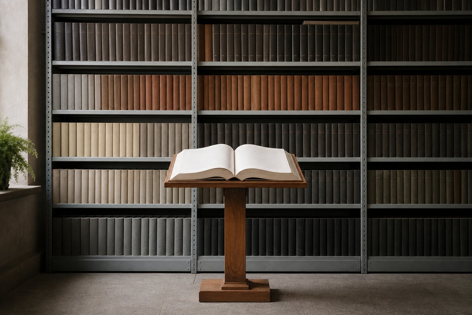 A shelf of bound annual reports on steel shelving, one heavy volume open on a wooden lectern in front