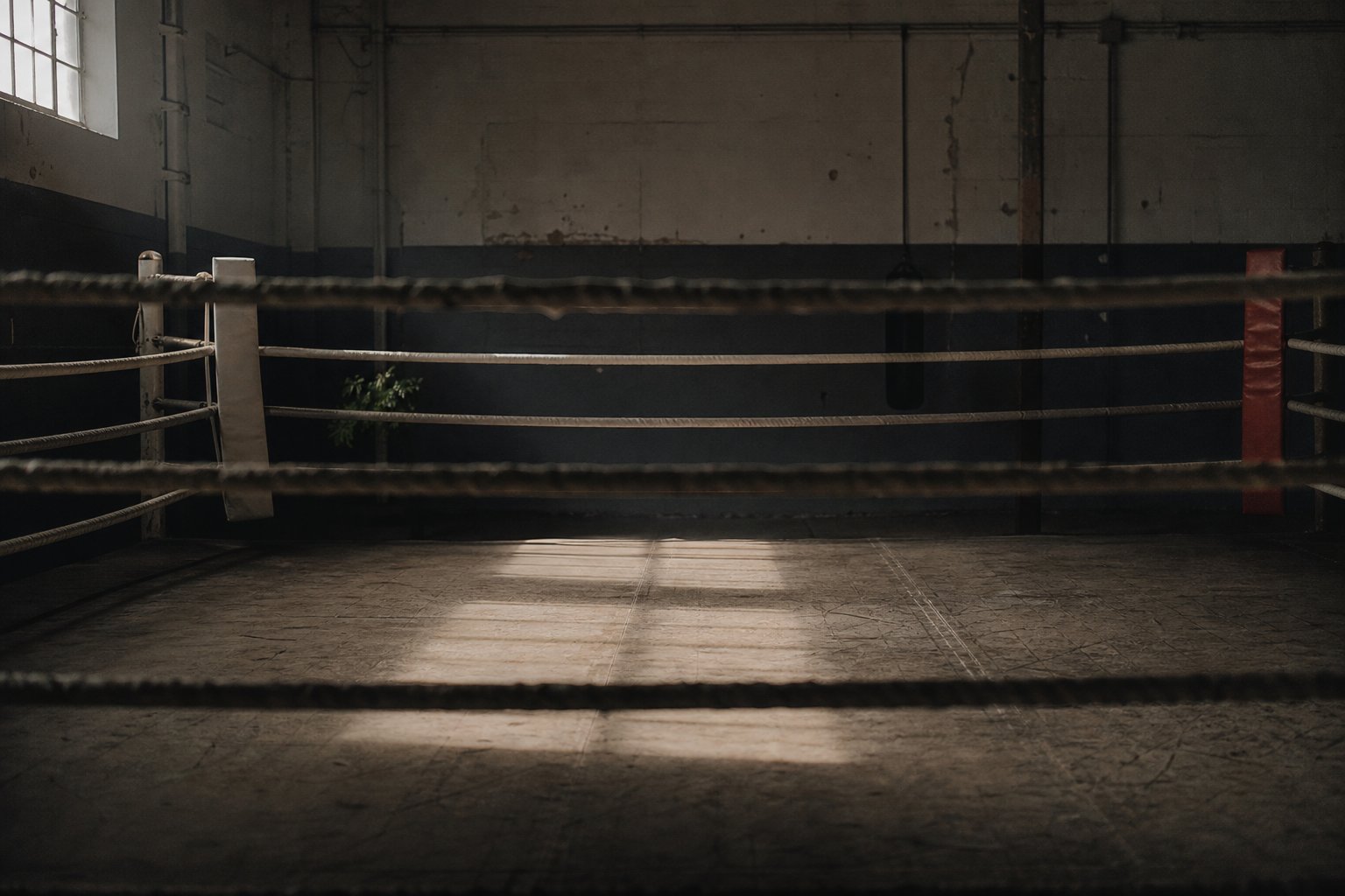 An empty boxing ring photographed through the slack ropes, the hall lights dimmed on scuffed canvas