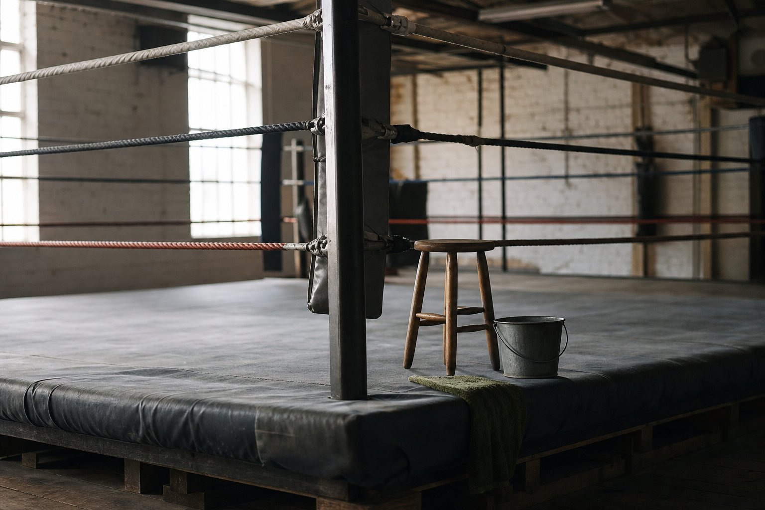 The corner of an empty boxing ring seen from outside the ropes, a wooden stool and a metal bucket on the apron