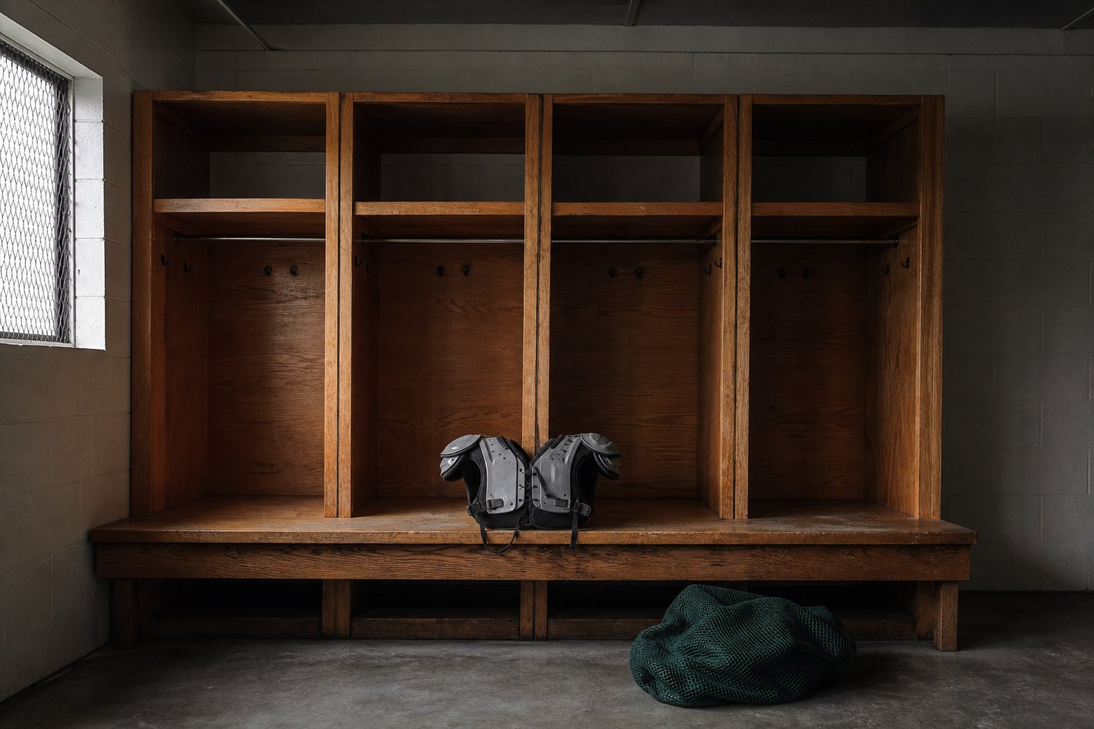An empty American football locker room with wooden stalls, a pair of shoulder pads set down on the bench