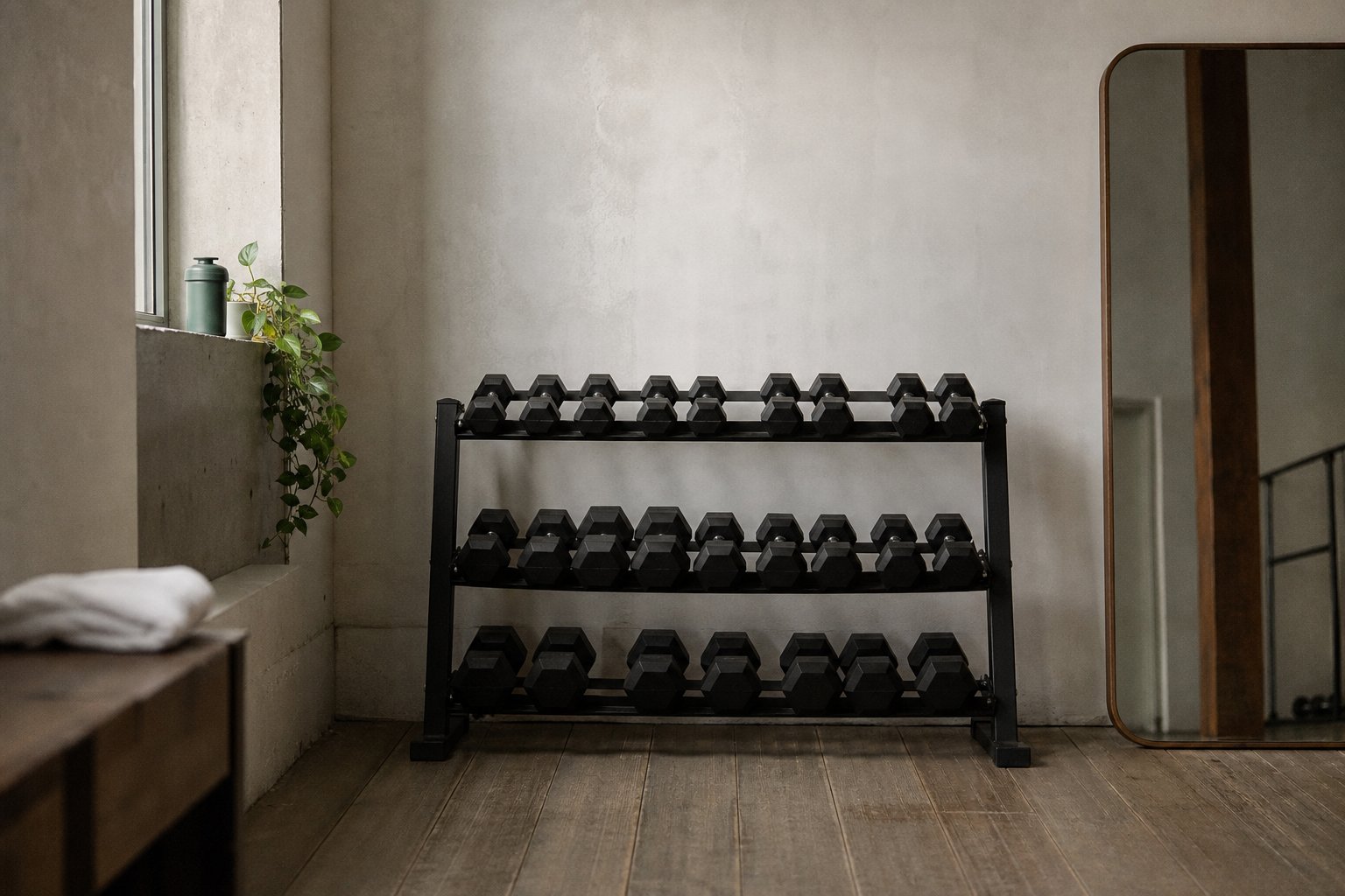 A backstage warm-up room with a rack of dumbbells, a folded towel and the edge of a tall mirror