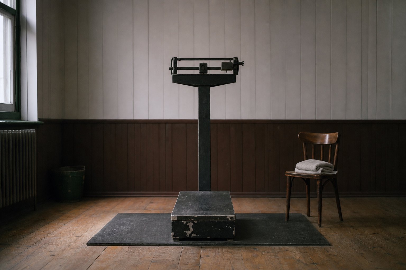 An empty weigh-in platform in a bare hall, its step worn, a folded towel on a chair to one side