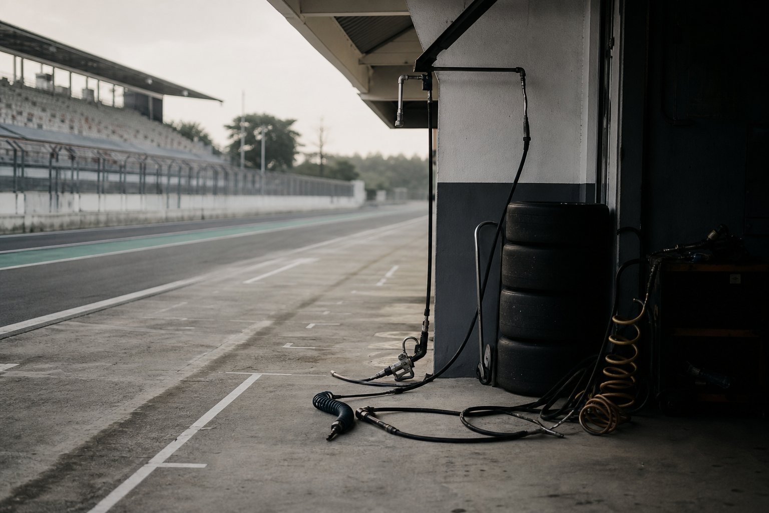 An empty pit box on a race lane, air hoses coiled on the ground and a stack of tyres against the wall