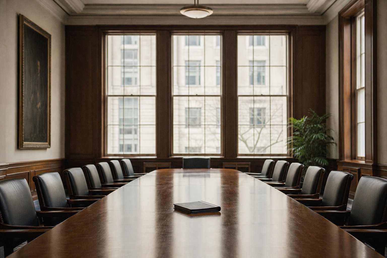 An empty university board room: a long polished table, chairs pushed in, one closed folder at the head
