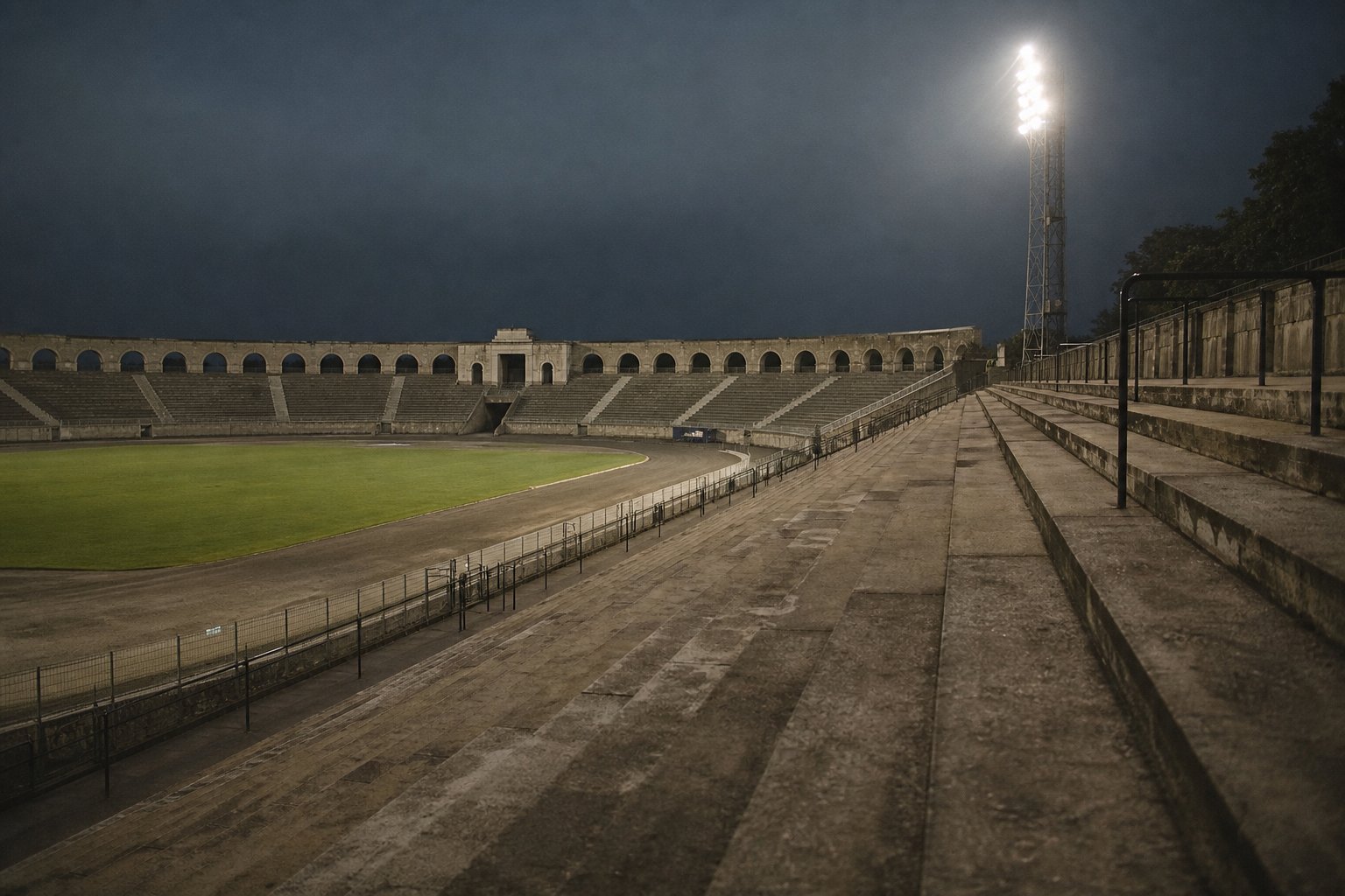 The empty concrete terrace of an old football stadium under floodlights, worn steps falling away