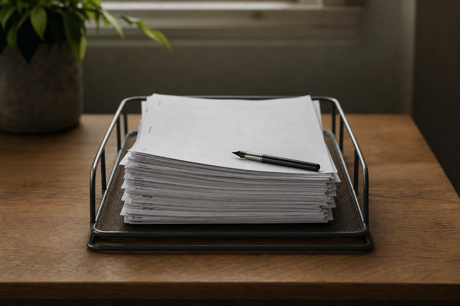 A stack of stapled paper contracts in a metal desk tray, a fountain pen laid across the top sheet