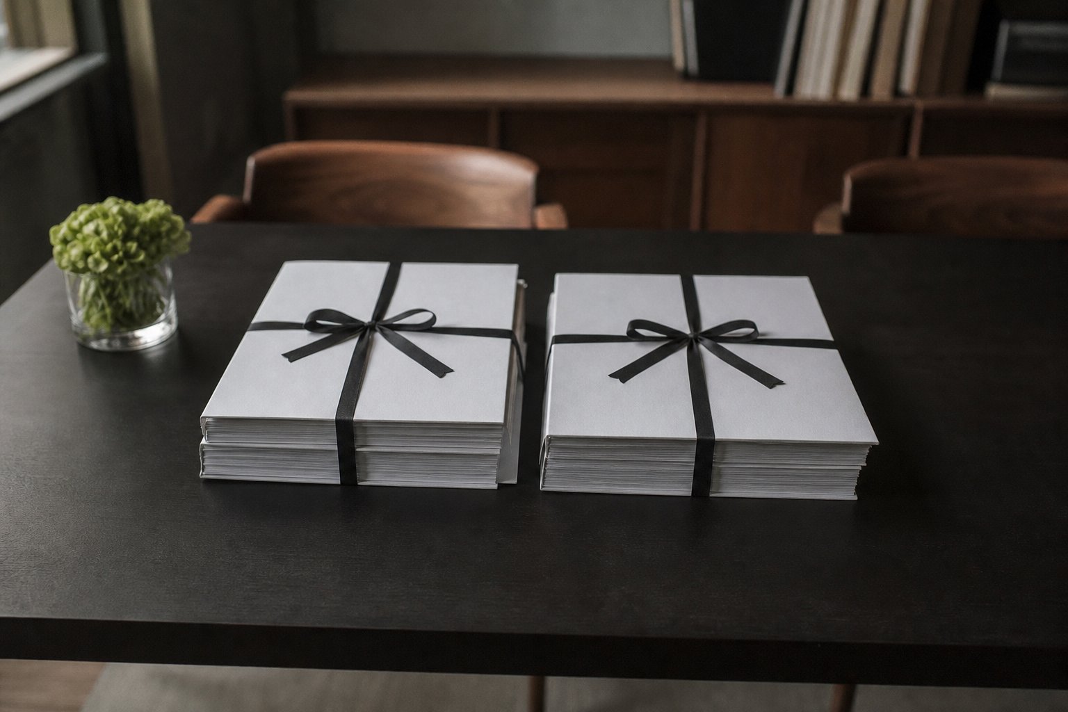 Two thick bound deal documents lying side by side on a dark table, each tied with a flat legal ribbon
