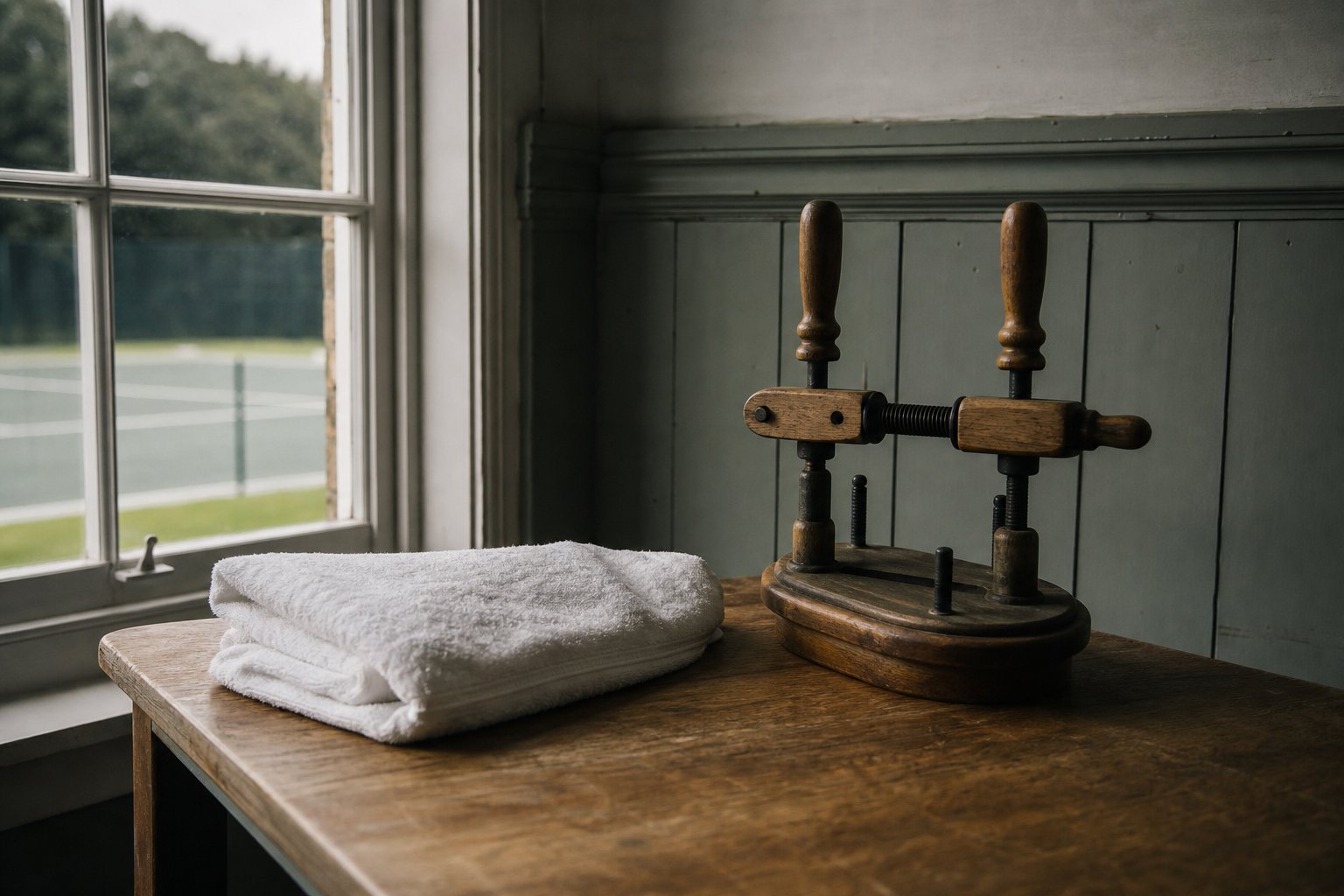 A clubhouse table beside a tennis court with a folded white towel and a wooden racquet press resting on it
