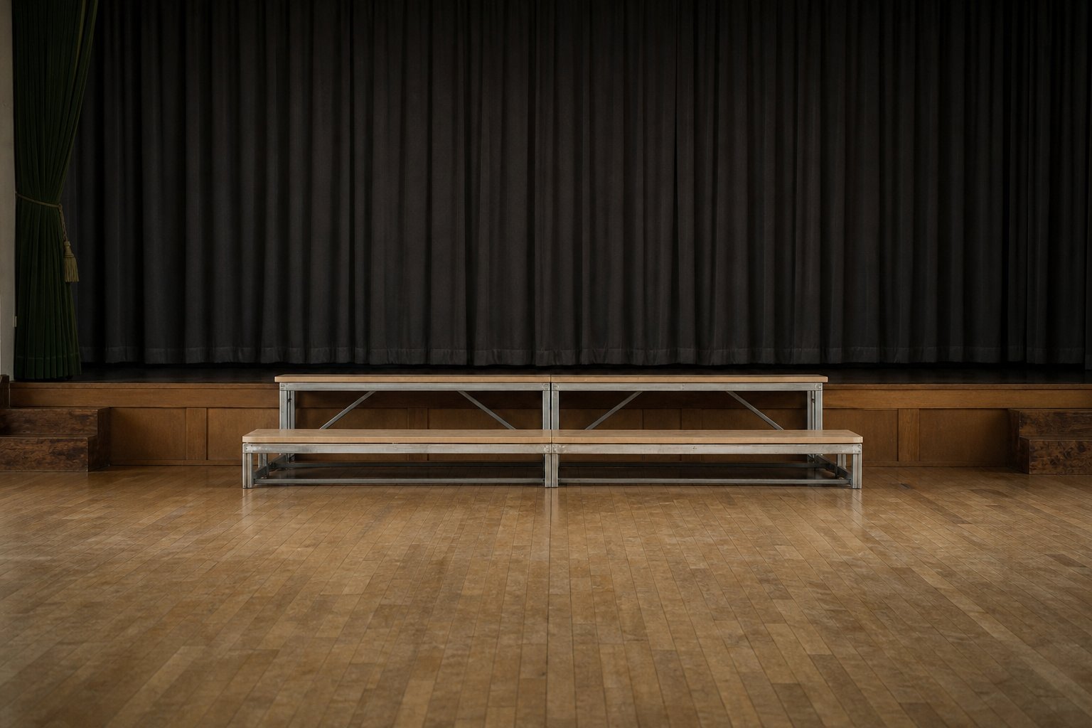 A bare competition stage with two empty risers and a heavy curtain behind, no signage