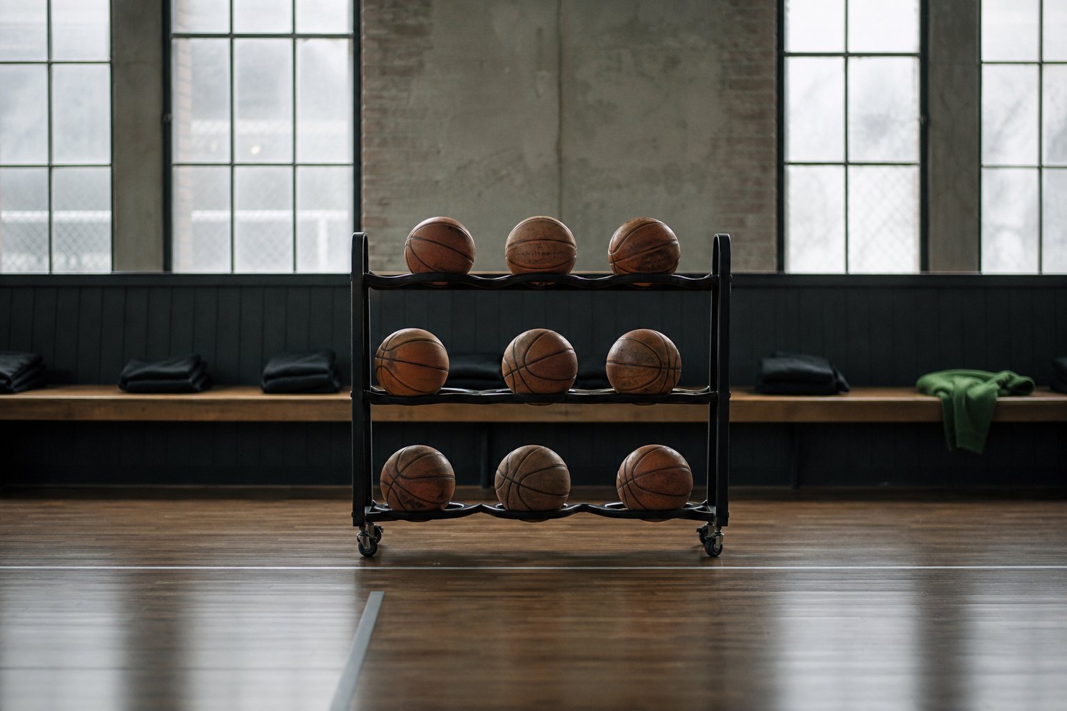 A ball rack in an empty training gym, balls settled in their cradles, folded warm-up jackets on the bench behind