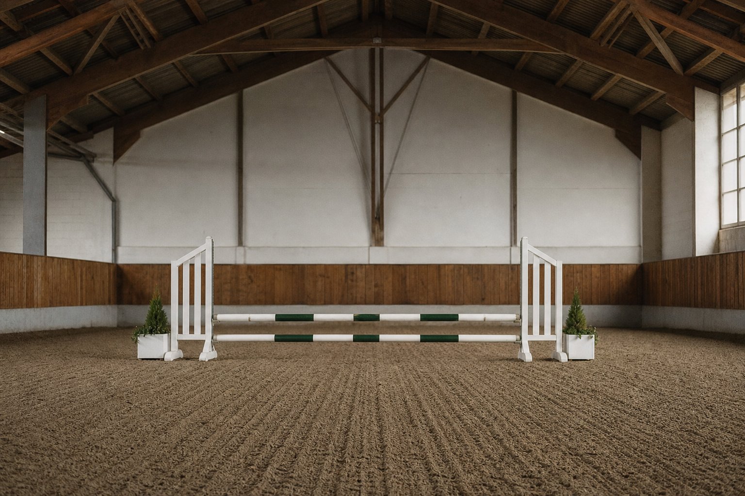 An empty show-jumping arena with painted rails and a single upright fence, the sand freshly raked