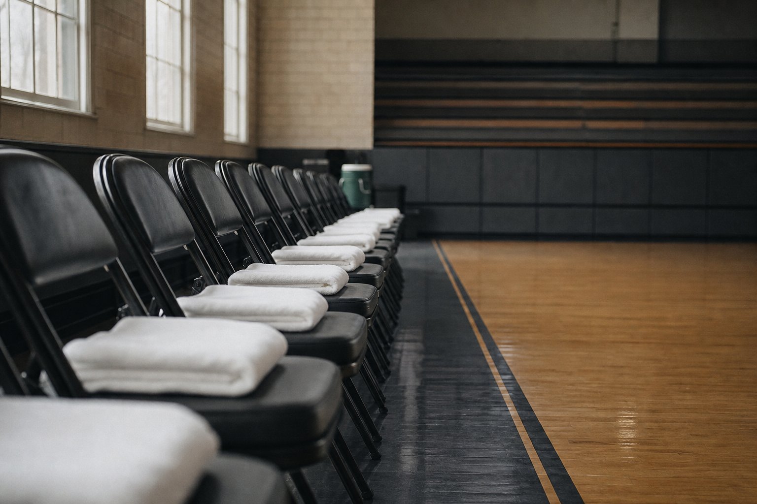 An empty courtside players' bench seen along its length, a folded towel on each seat