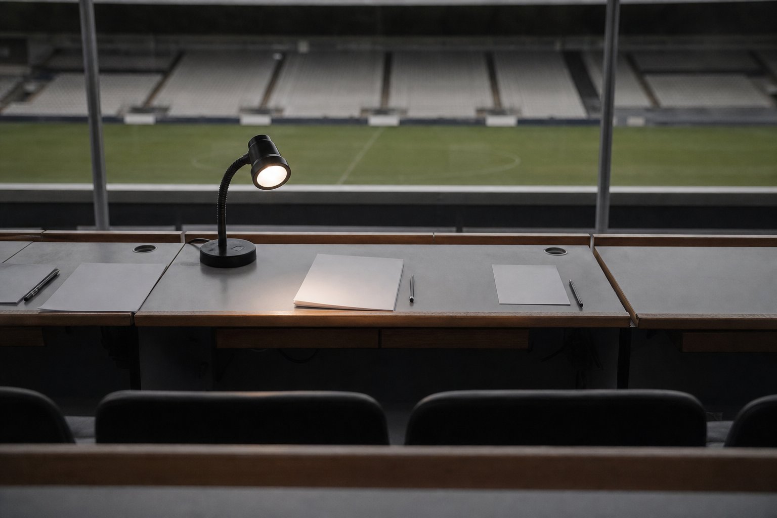 An empty stadium press box, rows of narrow desks, one gooseneck lamp lit, the pitch a green blur beyond the glass