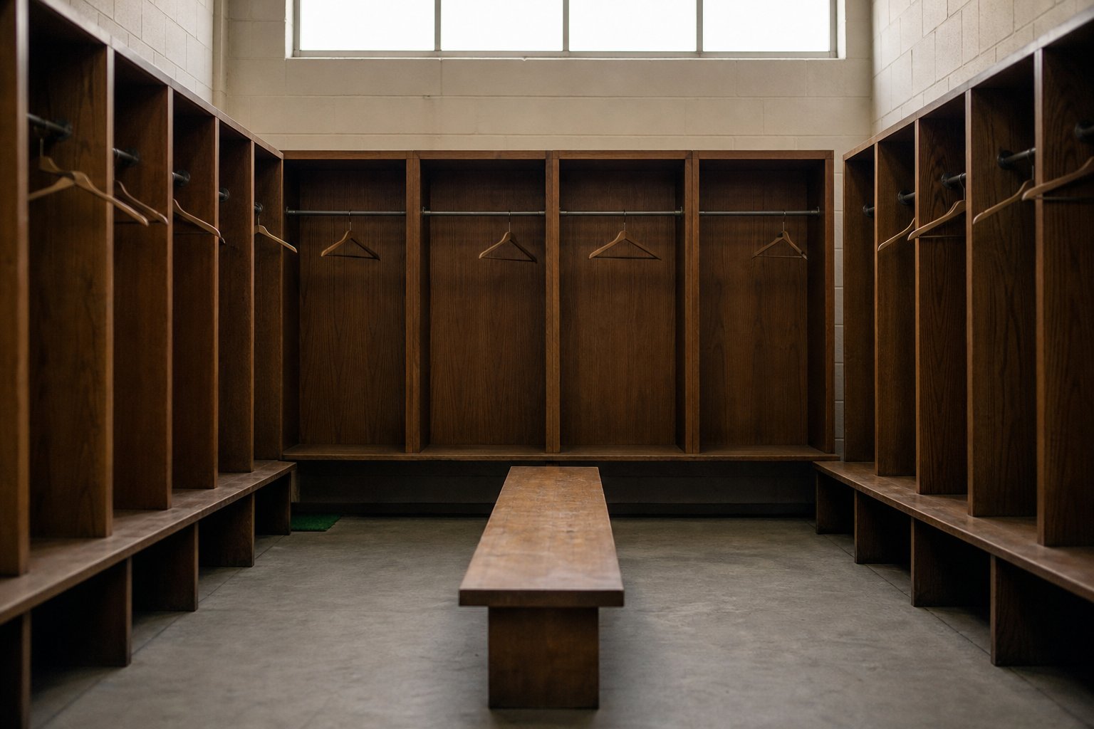 An empty locker room with wooden stalls and bare hangers, one bench down the centre