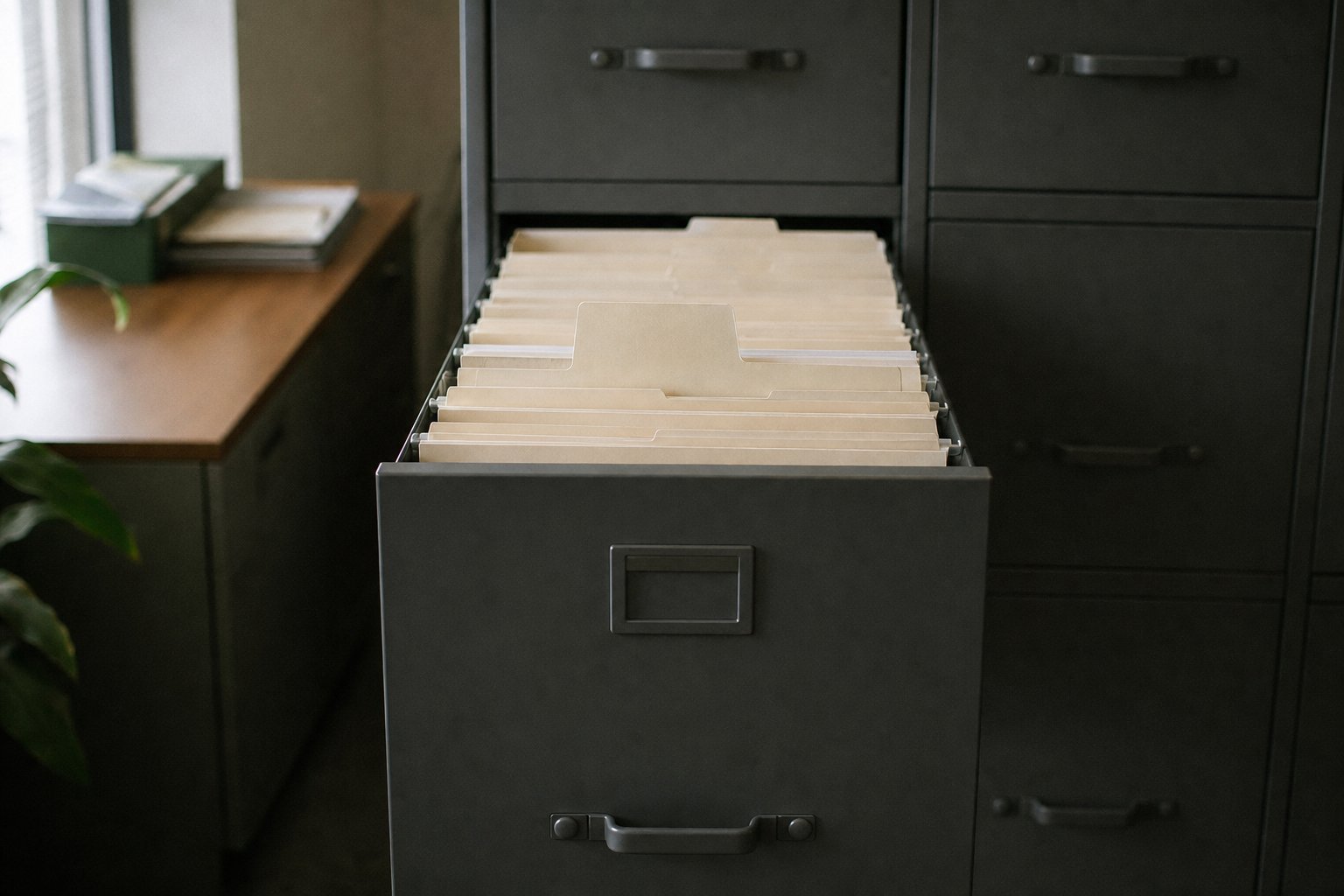 A metal filing cabinet drawer pulled fully open, manila dividers standing in rows with one folder raised