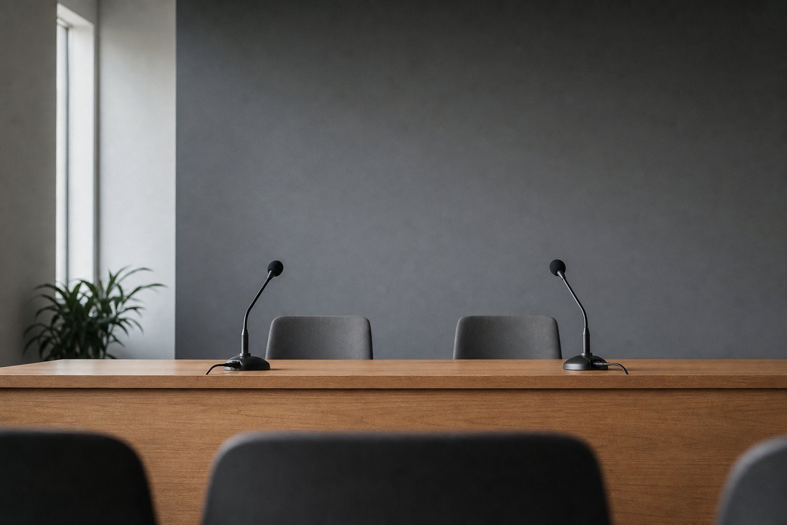 An empty press-conference table with two microphones and two chairs against a plain backdrop
