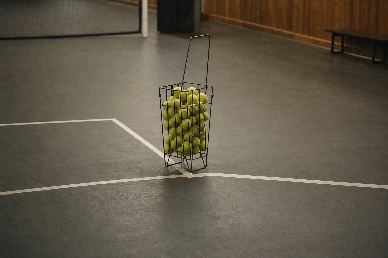 The baseline corner of an empty hard tennis court seen from above, a wire basket of balls standing on the line