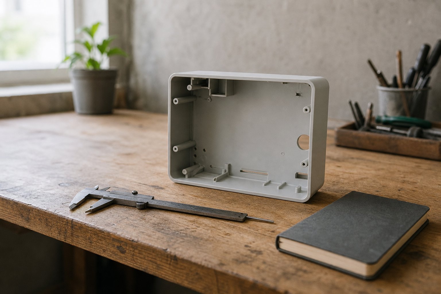 A small workshop bench with an unbranded plastic device housing, a pair of calipers and a closed notebook