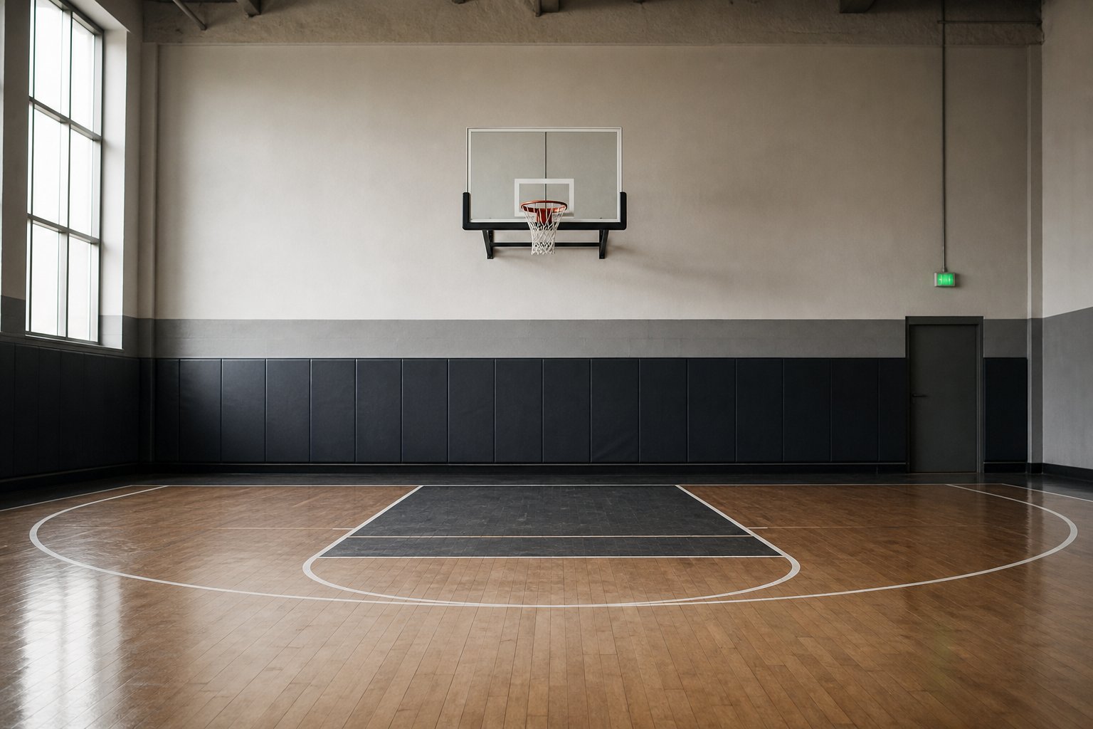 A single hoop and net at the end of an empty practice court, painted floor lines converging