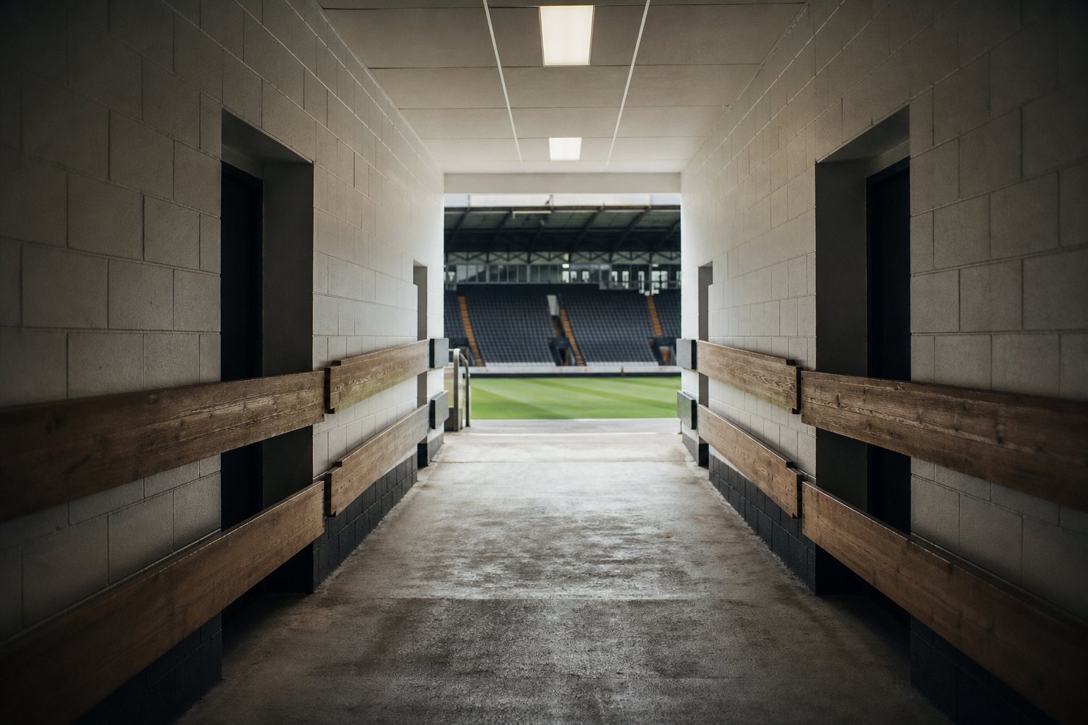 An empty stadium tunnel seen from the dressing-room end towards the bright rectangle of daylight and turf