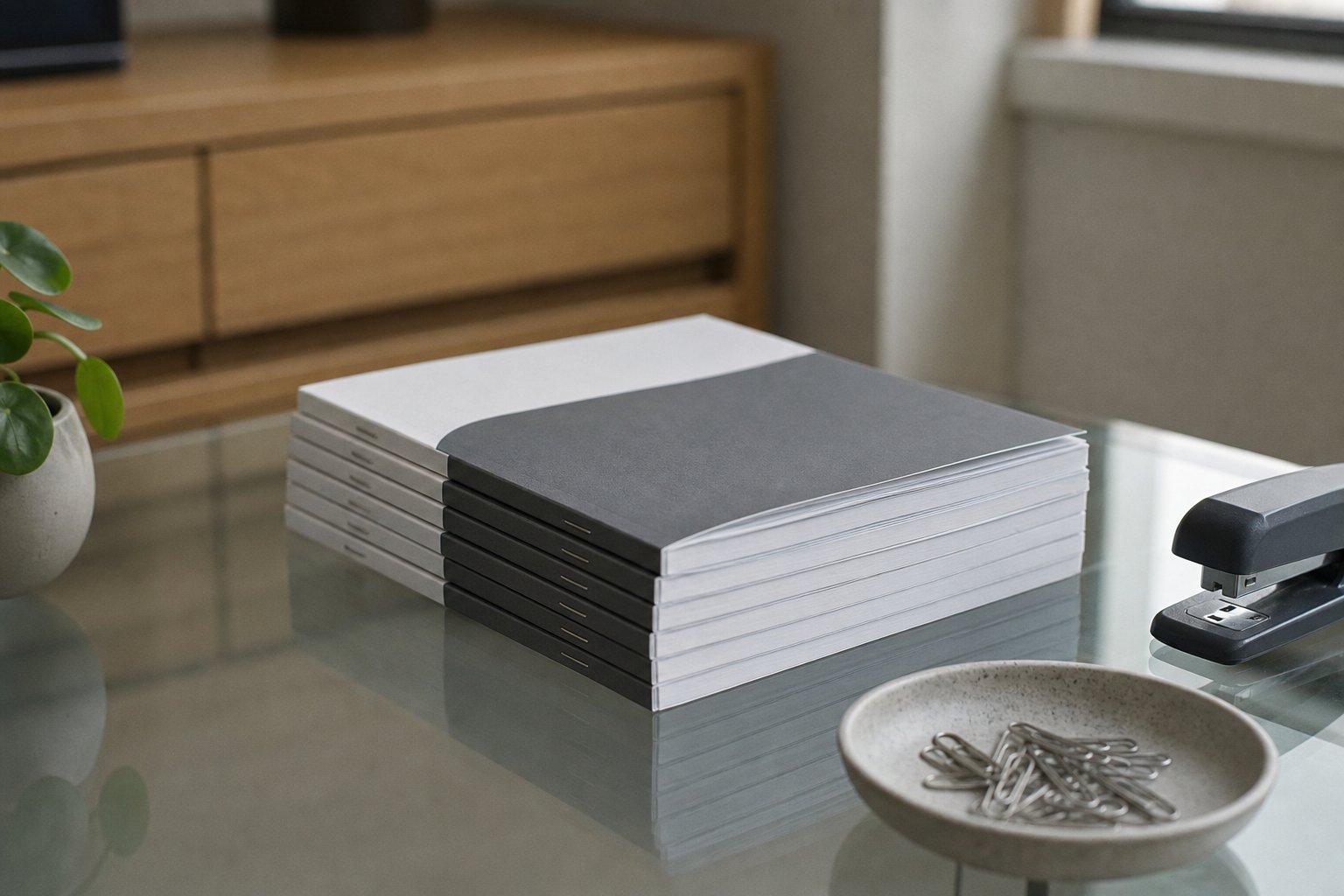 A stack of slim quarterly report booklets on a glass table beside a stapler and a dish of paperclips