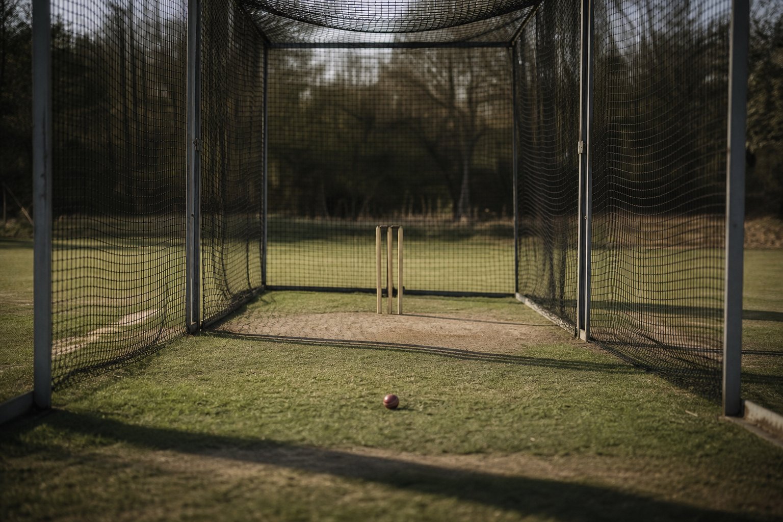 An empty net practice cage on a cricket ground, a ball settled in the grass at the crease