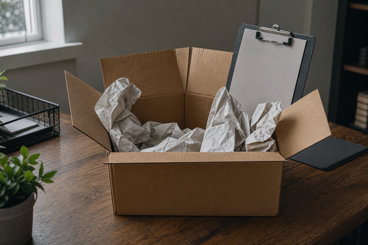 An open cardboard shipping box on a desk, packing paper inside and a clipboard propped up in it