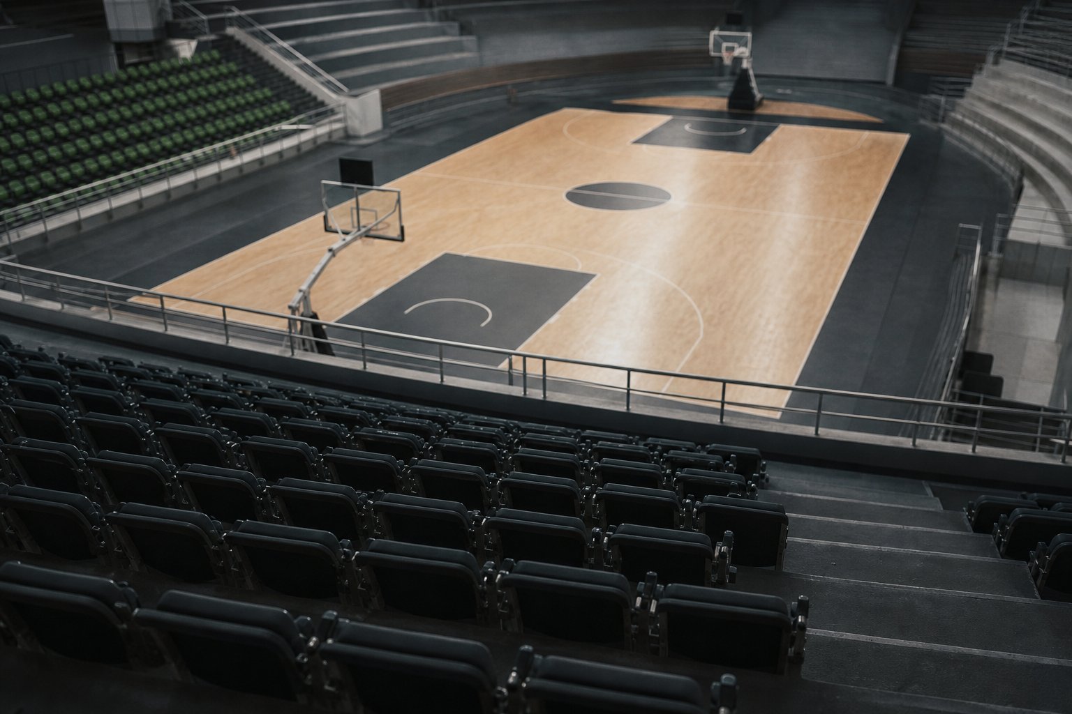 An empty basketball court seen at a steep diagonal from the upper tier, folded seats in the foreground