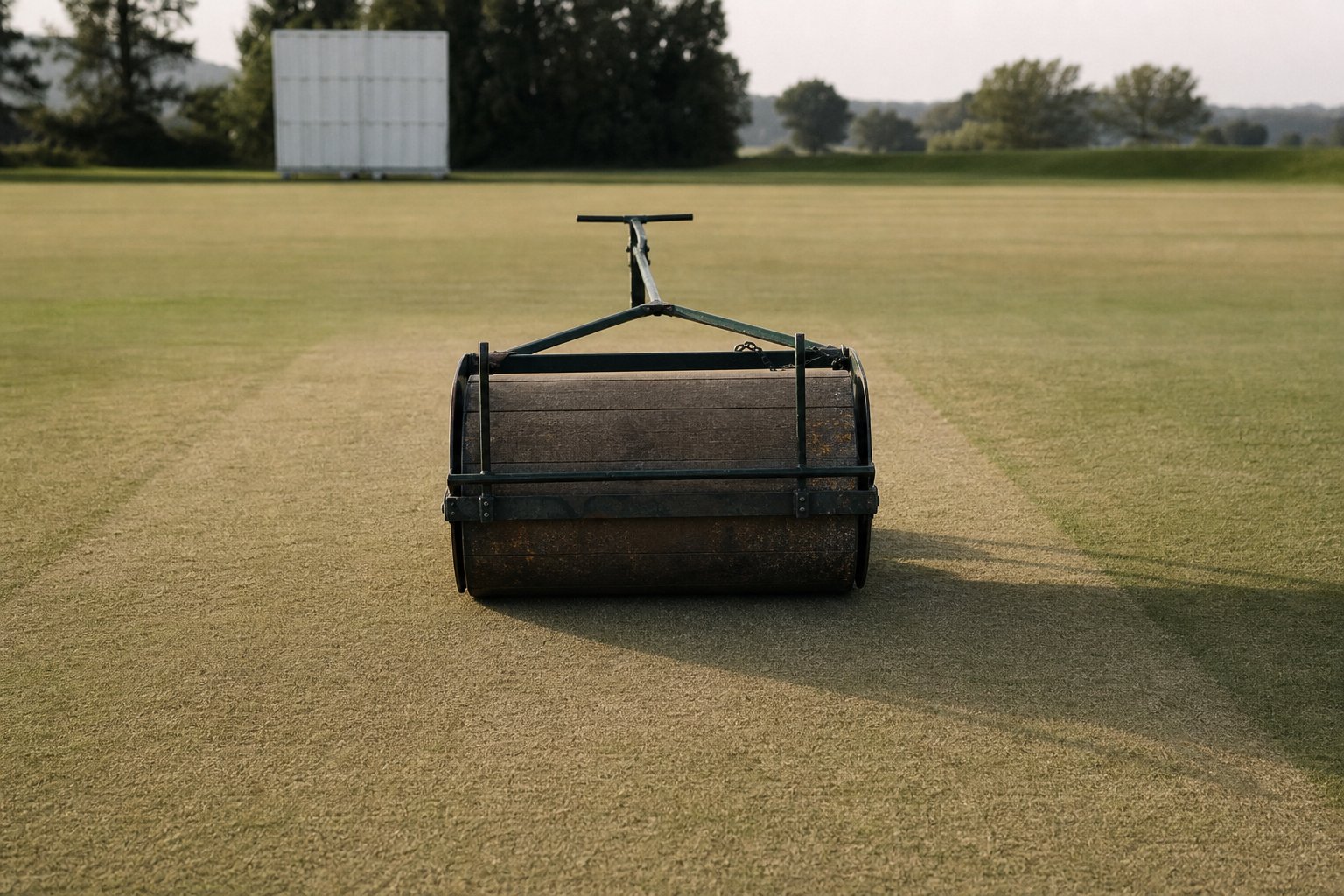 A heavy groundsman's roller parked on a cricket square, its shadow long across the cut grass