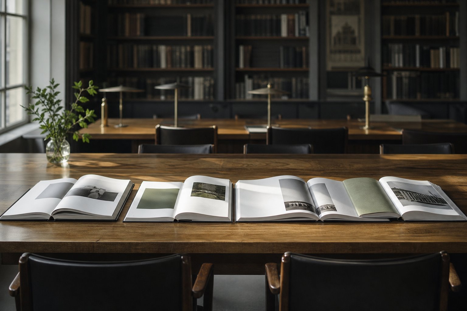 A long reading-room table with four annual reports open side by side, daylight raking across the pages