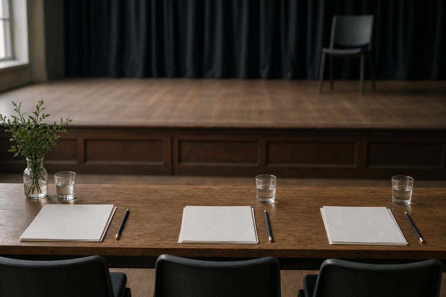 A judges' table at the foot of an empty stage, three places set with blank score sheets, a pencil and a glass of water at each