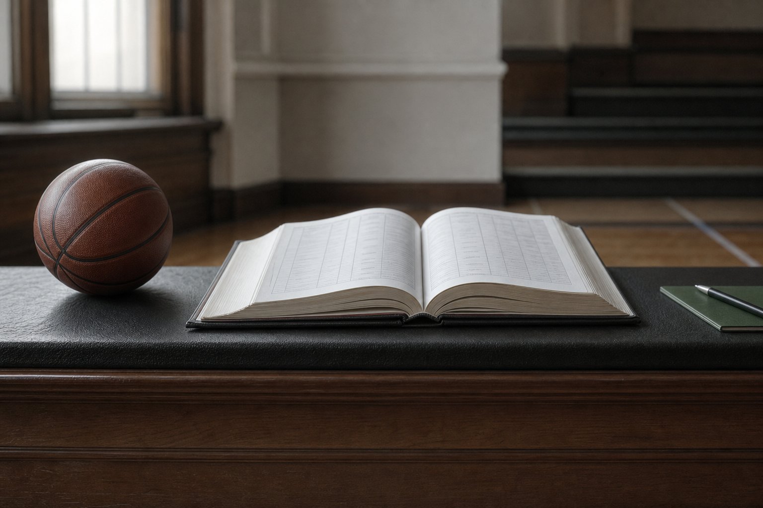 A thick bound volume lying open beside a basketball on a dark ledge, its pages densely ruled