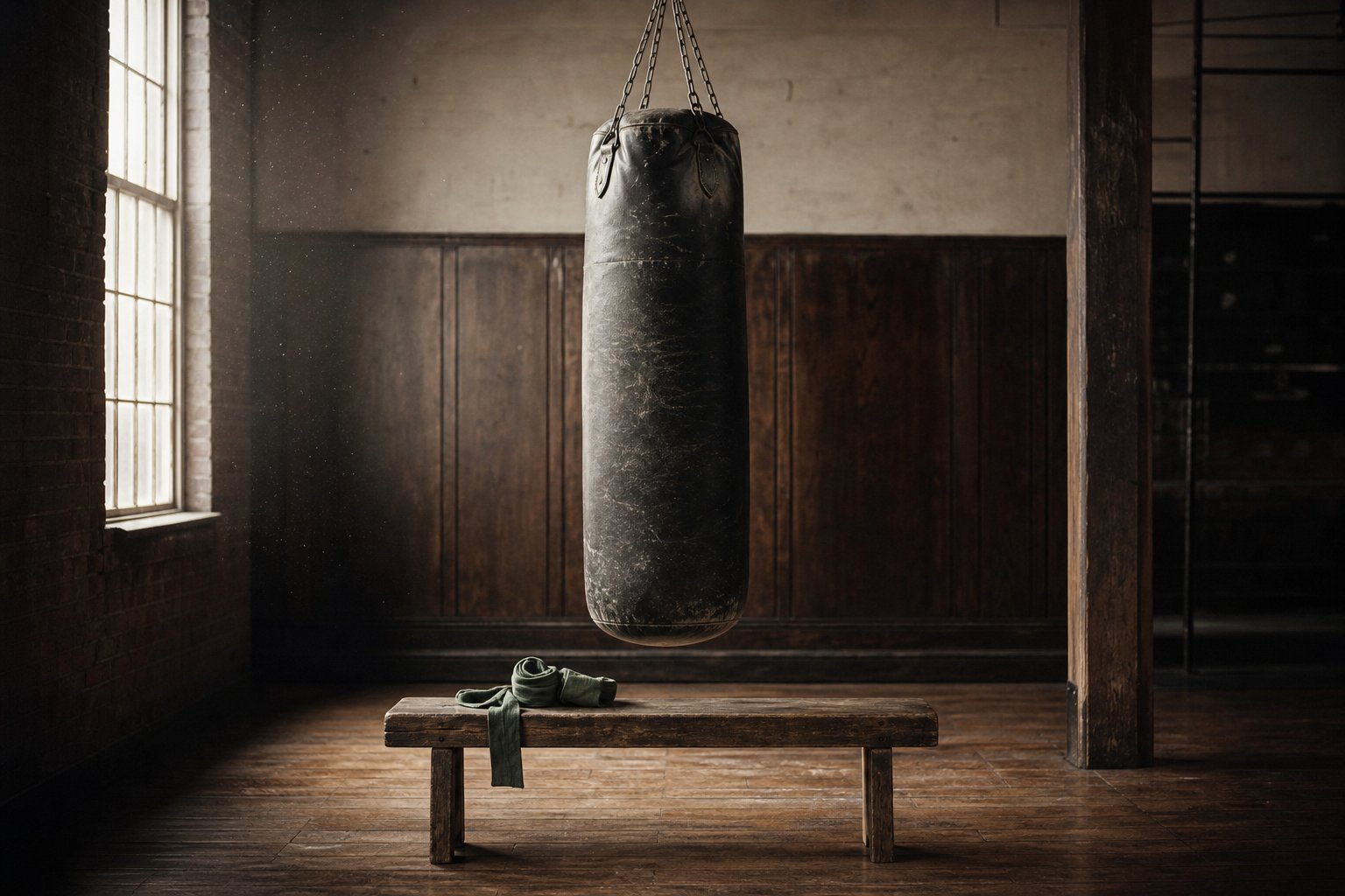 A heavy bag hanging still in an empty gym, hand wraps coiled on the bench below